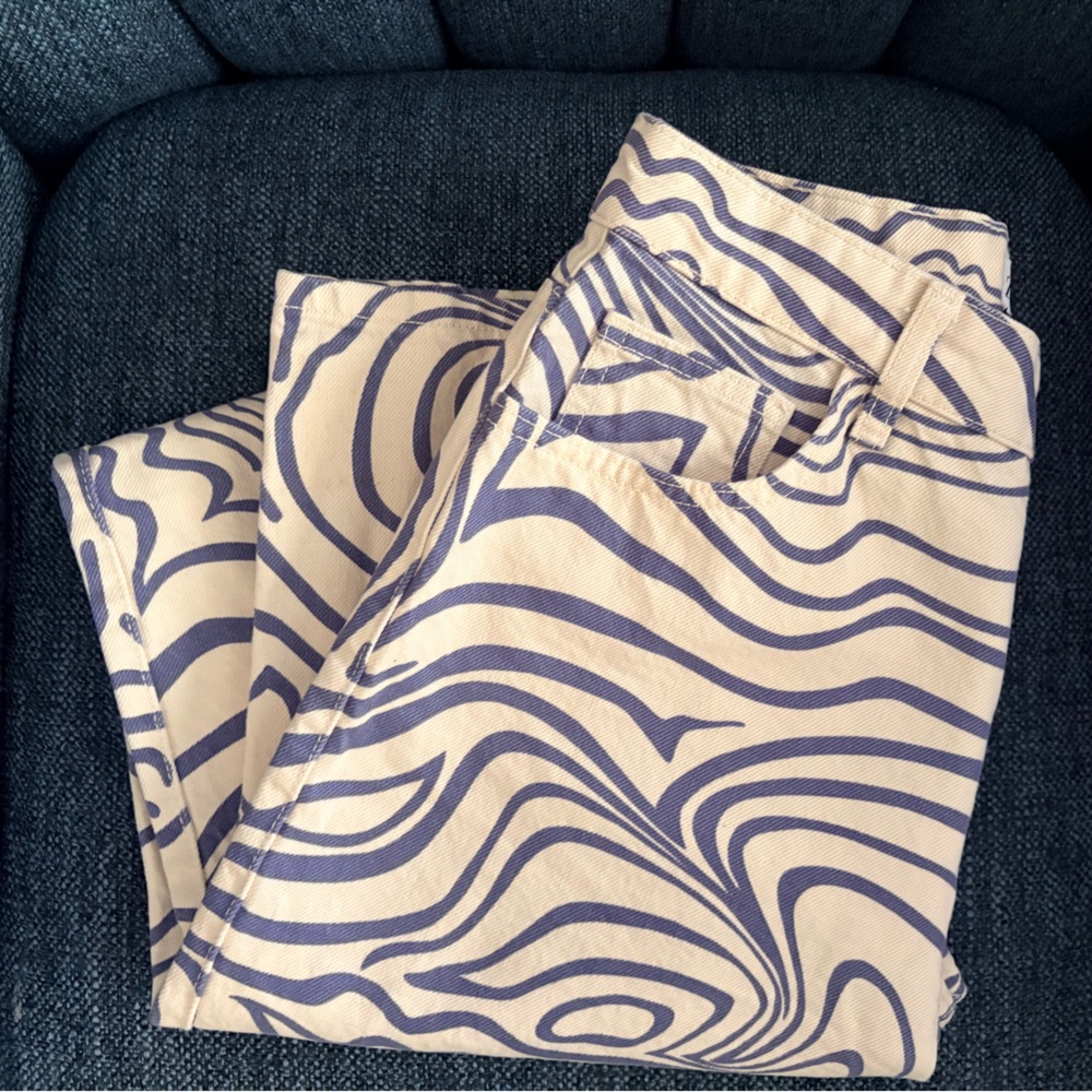 Zara Cream Blue Abstract Straight Leg Denim Jeans Size 4 - Picture 2 of 13